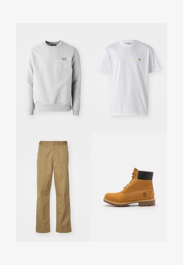 Sudadera gris con cuello redondo, puños y dobladillo acanalados, hecha de un suave material de algodón. Presenta un pequeño logo en el lado izquierdo del pecho.; Camiseta de algodón blanca con mangas cortas, cuello redondo, que presenta un pequeño logo dorado en la parte izquierda del pecho. Textura suave y corte regular.; Chinos caqui con diseño de pierna recta, elaborados en una suave tela de algodón. Cuentan con un cierre frontal de botón y bolsillos laterales.; Botín de cuero marrón con ojales de metal, forro de piel sintética blanca, cuello acolchado negro, suela resistente y logotipo en relieve en el costado.