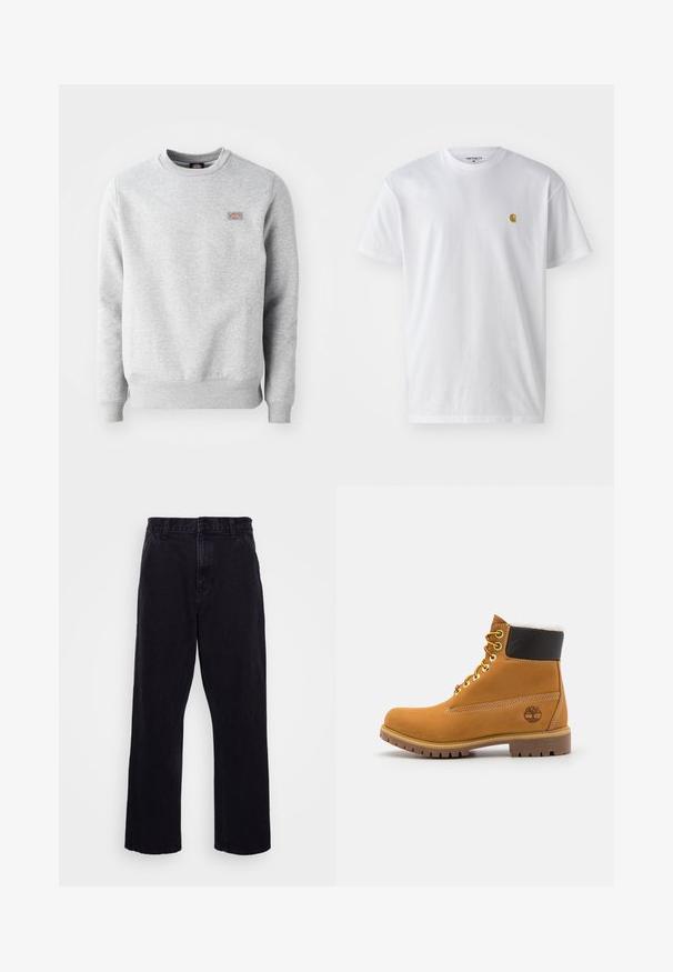 Grijze sweatshirt met een ronde hals, ribgebreide manchetten en onderrand, gemaakt van zacht katoen. Kenmerkt een klein logo op de linkerkant van de borst.; Witte katoenen t-shirt met korte mouwen en ronde hals, voorzien van een klein gouden logo op de linkerkant van de borst. Zachte textuur en een normale pasvorm.; Zwarte denim broek met een rechte pijpdesign, voorzien van een knoop- en ritssluiting, riemlussen en minimale stikdetails.; Bruine leren enkellaars met metalen oogjes, witte faux bont voering, zwarte gewatteerde kraag, robuuste zool en een reliëflogo aan de zijkant.