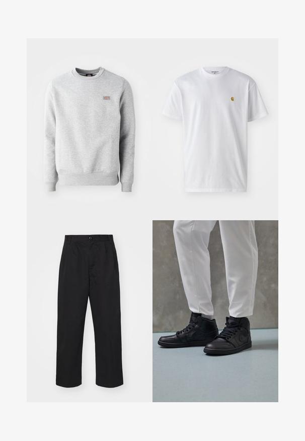 Sudadera gris con cuello redondo, puños y dobladillo acanalados, hecha de un suave material de algodón. Presenta un pequeño logo en el lado izquierdo del pecho.; Camiseta de algodón blanca con mangas cortas, cuello redondo, que presenta un pequeño logo dorado en la parte izquierda del pecho. Textura suave y corte regular.; Pantalones de algodón negros con corte recto, con cierre de botón, dos bolsillos delanteros y una textura suave.; Zapatillas altas negras de cuero suave, con punta redonda y cierre de cordones; combinadas con pantalones blancos ajustados, exhibidas sobre un suelo texturizado.