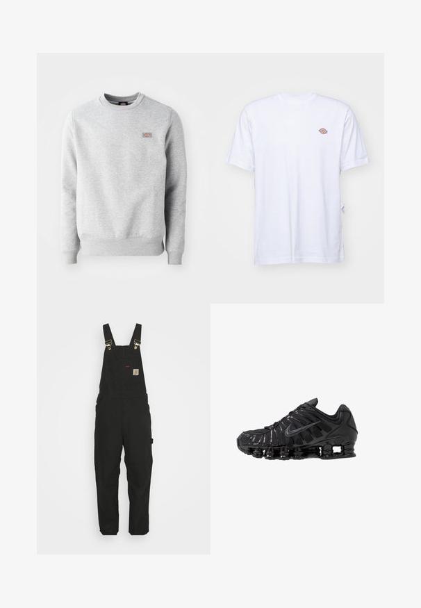 Grijze sweatshirt met een ronde hals, ribgebreide manchetten en onderrand, gemaakt van zacht katoen. Kenmerkt een klein logo op de linkerkant van de borst.; Witte katoenen t-shirt met een v-hals en korte mouwen. Kenmerkt zich door een klein kleurrijk geborduurd logo op de linkerkant van de borst. Zachte textuur.; Zwarte katoen salopettes met verstelbare banden, een voorkantzak met logo patch en twee zijzakken in een relaxte pasvorm.; Zwarte sportschoenen gemaakt van mesh en synthetische materialen, met een opvallend golvend ontwerp, zwarte rubberen zool en reflecterende accenten.