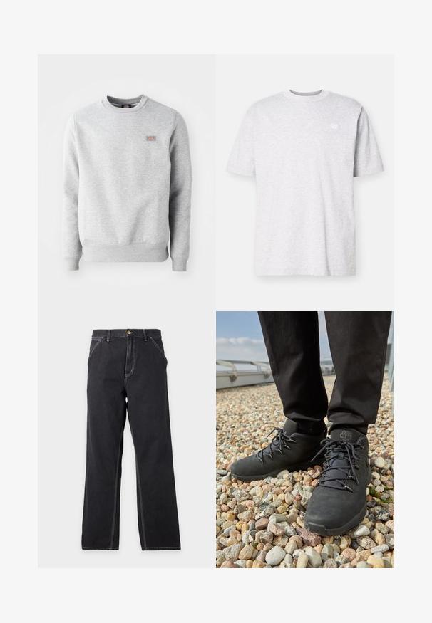 Grijze sweatshirt met een ronde hals, ribgebreide manchetten en onderrand, gemaakt van zacht katoen. Kenmerkt een klein logo op de linkerkant van de borst.; Lichtgrijs katoenen T-shirt met korte mouwen, ronde halslijn en een klein wit logo op de linkerborst. Zachte textuur, casual pasvorm.; Zwarte jeans met rechte pijpen, voorzakken, riemlussen en zichtbare witte stiksels op een effen lichtgrijze achtergrond.; Zwarte wandelschoenen van textuurleer, stevige veters en een gewatteerde enkelkraag, gedragen met donkere broeken op een met kiezels bedekte ondergrond.