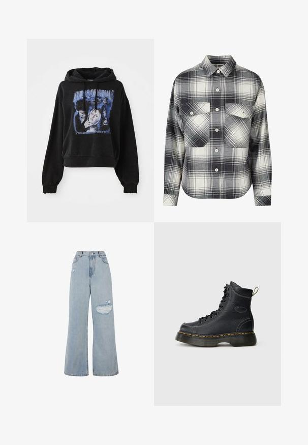 Sort cropped hoodie lavet af bomuld med snøre i hætten. Har et grafisk print i blå, der viser tegn og tekst.; Rutet flannel skjorte i sort, hvid og grå. Har knaplukning foran, to brystlommer og lange ærmer med knapmansjetter.; Lysvasket denim wide-leg jeans med høj talje, slidte områder og en rå kant. Blød tekstur med en løs pasform.; Sorte læder snørebåndsstøvler med tekstureret finish, polstret ankel, gul syning og en kraftig sål, med et trækhåndtag bagpå.