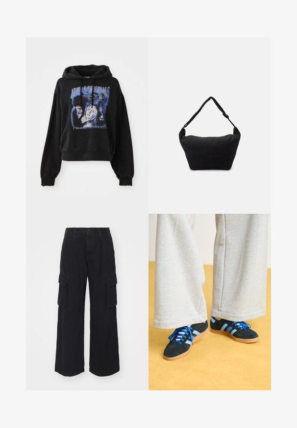 Sudadera corta negra de algodón con capucha ajustable. Presenta un estampado gráfico en azul que representa personajes y texto.; Pantalones cargo negros confeccionados con una tela duradera, con piernas anchas, múltiples bolsillos laterales y un cierre de botón clásico en la cintura.; Zapatillas de ante negras y azules con cordones azules y acentos a rayas, combinadas con pantalones de pierna ancha gris claro, sobre un suelo amarillo.; Bolso de hombro de tela negro con una superficie suave y texturizada, forma redondeada y una sola correa. Diseño minimalista sin hardware ni acentos visibles.