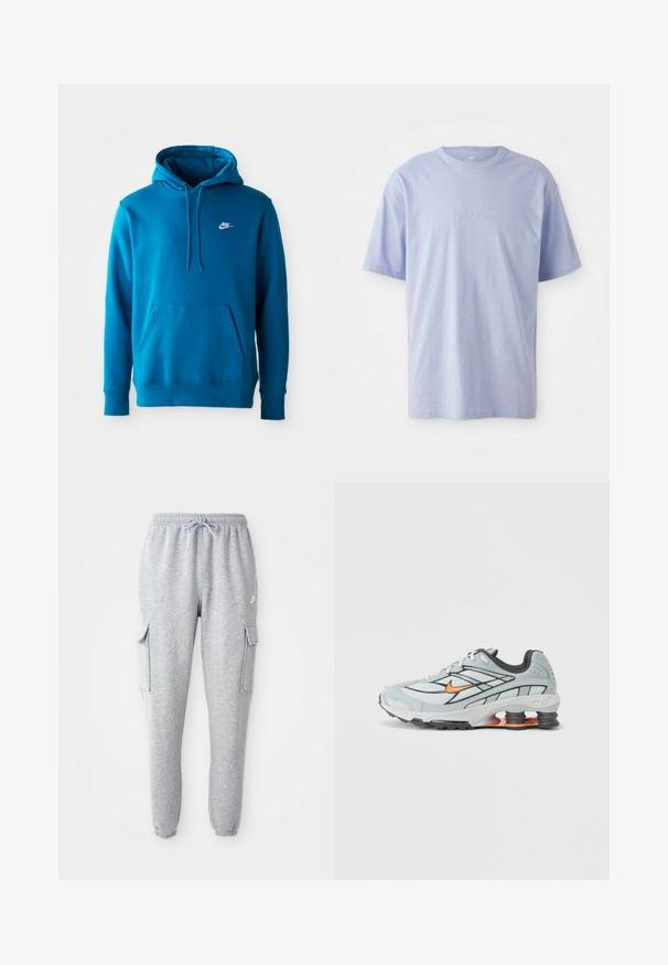 Blauer Nike-Hoodie mit Fronttasche und Kordelzügen, mit einem kleinen weißen Nike-Logo auf der linken Brust.; Hellblaues Baumwoll-T-Shirt mit Rundhalsausschnitt und kurzen Ärmeln. Mit einem geprägten "Nike"-Logo auf der Vorderseite in der Mitte. Weicher Stoff.; Graue Sweatpants aus weichem Material, mit elastischem Bund und Kordelzug, zwei seitlichen Cargo-Taschen und schmal zulaufenden Bündchen.; Hellgrauer Laufschuh mit schwarzen Akzenten, orangefarbenem Logo, Mesh-Obermaterial, gepolstertem Schaft und Gummisohle mit sichtbaren stoßdämpfenden Einheiten.