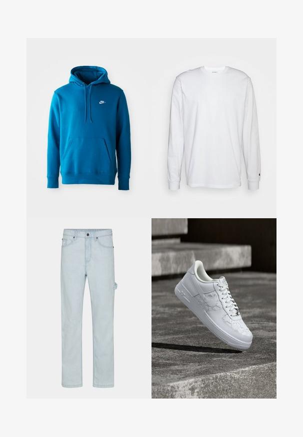 Blauwe Nike-hoodie met een voorzak en trekkoorden, met een klein wit Nike-logo op de linkerborst.; Witte lange mouwen T-shirt van katoen. Ronde hals ontwerp met ribgebreide manchetten en een klein logo op de linkermouw. Gladde textuur.; Lichtblauwe denim jeans met rechte snit, voorzien van een knoopsluiting, vijf zakken en een zijlusdetail voor extra functionaliteit.; Witte Nike Air Force 1 sneaker met gegraveerde sterrenpatronen en een metalen ster-veterbedel, zwevend boven een betonnen oppervlak.
