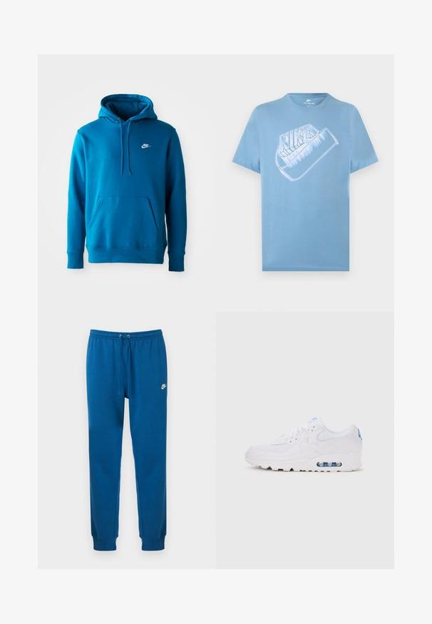 Blå Nike hættetrøje med forhåndslomme og snoretræk, prydet med et lille hvidt Nike-logo på venstre bryst.; Lyseblå kortærmet Nike T-shirt med stor stiliseret hvid Nike-logo og swoosh-grafik på brystet.; Blå bomulds-sweatpants med elastisk talje, snørelukning og hvid Nike-logo på venstre hofte. Tætsiddende manchetter ved anklerne.; Hvid lavtop-sneaker med synlig luftpolstring, snørelukning og blå logodetaljer på hæl og tunge, vist fra siden.
