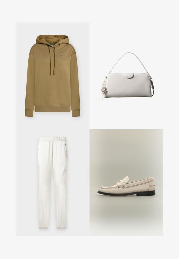 Sweat à capuche beige avec cordons, poignets et ourlet côtelés, et petit logo crocodile vert sur la poitrine gauche.; Joggers crème clair avec taille élastique, finitions fuselées, poches latérales et accents zippés. Tissu lisse avec une finition légèrement brillante.; Mocassin pour homme en cuir beige avec semelle noire et détail de sangle décorative sur fond gris clair.; Sac à main rectangulaire blanc Calvin Klein avec une seule poignée, design minimaliste et pampilles décoratives avec un charm métallique géométrique sur le côté.