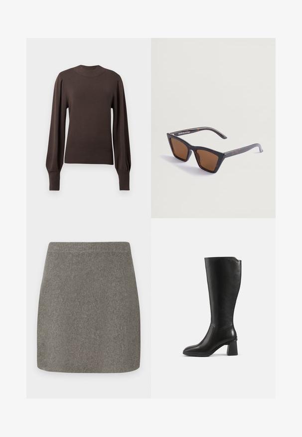 Brun strikket sweater med høj halsudskæring, lange puffede ærmer og ribbede manchetter. Glat tekstur med en tætsiddende silhuet.; Grå strikket miniskørt med ribbet talje, glat tekstur og lige snit, designet til en tætsiddende silhuet.; Sort knæhøj læderstøvle med blokhæl og rundet tå, vist fra siden på en ensfarvet baggrund.; Skildpadde-sunglasses med en skarp, vinkelret form. Brune, tonede linser og slanke arme med brandlogoet i hvidt på den ene side.