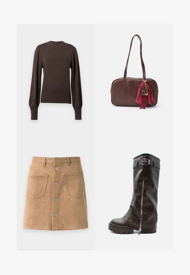 Brun strikket sweater med høj halsudskæring, lange puffede ærmer og ribbede manchetter. Glat tekstur med en tætsiddende silhuet.; Tan suede nederdel med en tætsiddende form, fem metalliske frontknapper og to forlommer, der har en glat tekstur og rene kanter.; Høj mørkebrun læderstøvle med kraftig sål, sidelukning med lynlås og ankelrem med sølvspænde, vist på en hvid baggrund.; Brun syntetisk læder håndtaske med to lange stropper. Har et rødt blondetørklæde og en charme fastgjort med guldhardware. Rektangulær form.
