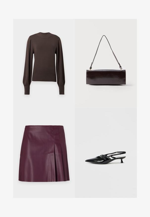 Brun strikket sweater med høj halsudskæring, lange puffede ærmer og ribbede manchetter. Glat tekstur med en tætsiddende silhuet.; ONLY ONLARTZY Short - Mini skirts - mauve wine; Sort laklæder slingback-sko med spids tå, lille blokhæl og justerbar rem med udskæringsdetaljer og logoaccenter.; Rektangulær sort læderhåndtaske med en enkelt lang rem og blank finish, vist mod en ensfarvet hvid baggrund.