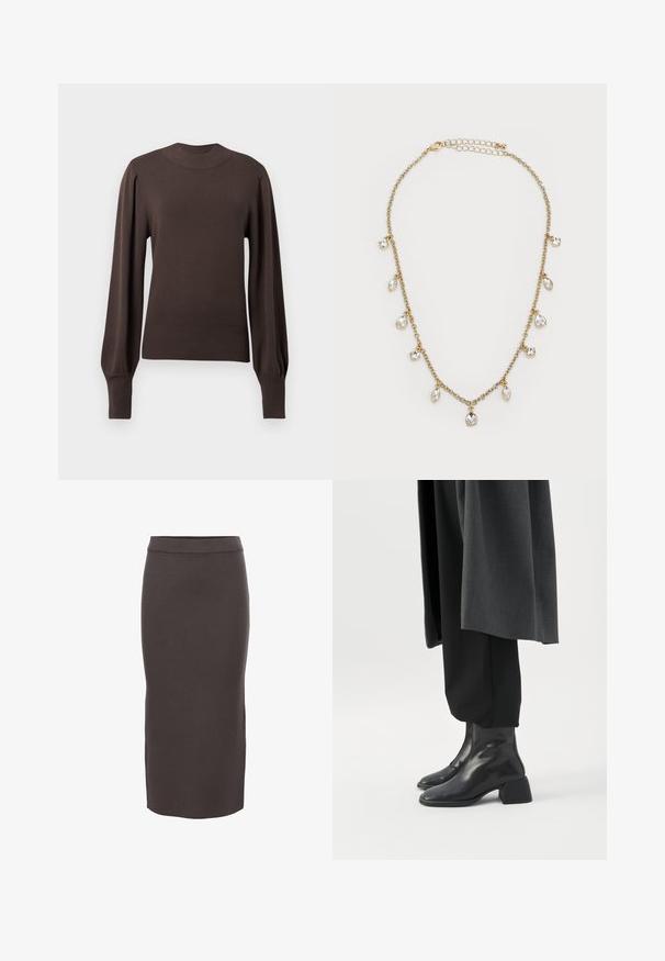 Pull en maille marron avec un col montant, de longues manches bouffantes et des poignets côtelés. Texture lisse avec une silhouette ajustée.; Jupe midi extensible marron foncé avec une texture lisse et une taille côtelée. Coupe droite atteignant sous le genou, sans poches ni embellissements.; Bottines en cuir noir à talons blocs bas portées avec un pantalon noir et un long manteau gris foncé.; Collier en chaîne dorée avec des breloques en cristal en forme de goutte d'eau et rondes alternées sur un fond blanc.