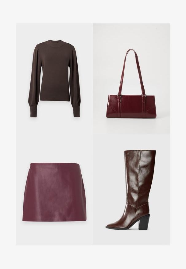Brun strikket sweater med høj halsudskæring, lange puffede ærmer og ribbede manchetter. Glat tekstur med en tætsiddende silhuet.; Miniskirt i glat burgunderlæder med lige snit og uden synlige dekorationer eller lukninger.; Høj, mørkebrun læderstøvle med spids tå og stablet blokhæl, vist fra siden på en ensfarvet baggrund.; Bordeaux håndtaske lavet af glansfuldt materiale, rektangulær form, med to skulderremme og subtile buede detaljer på forsiden.