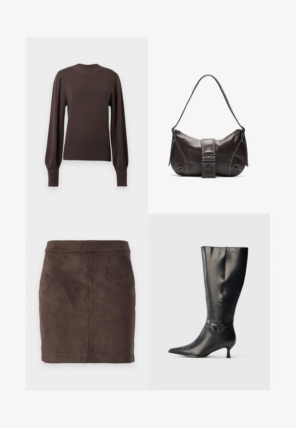 Brun strikket sweater med høj halsudskæring, lange puffede ærmer og ribbede manchetter. Glat tekstur med en tætsiddende silhuet.; Brun ruskind mini-nederdel med en glat tekstur, tætsiddende design og en flad talje, der har lodrette sømme for struktur.; Sort knæhøj læderstøvle med spids tå og lav kittenhæl, vist på en enkel lys baggrund.; Brun læder skuldertaske med en buet form, der har et fremtrædende spænde, kontrasterende syninger og en enkelt skulderrem.