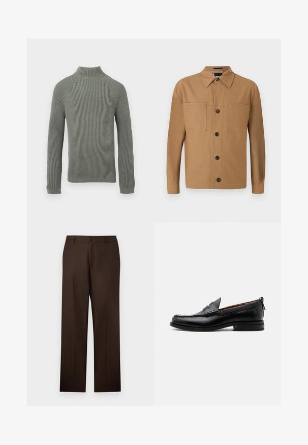 Ribbet striktrøje i lysegrøn med høj krave, lange ærmer og tætsiddende design. Teksturen er blød og let strækbar.; BOSS CRAIG - Skjorter - medium beige; Brune, skræddersyede bukser med lige ben-design, knaplukning og glat stoftekstur. Ingen synlige mønstre eller accenter.; Sort læder herre loafer med moc-tå syning, penny strop, struktureret krave og lav stablet hæl på hvid baggrund.