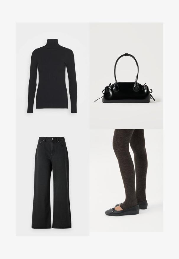 Pull noir à col roulé côtelé, doté de longues manches et d'une silhouette près du corps. La texture est lisse avec un motif de côtes horizontal.; Jeans noirs à jambes larges en denim, avec taille haute, fermeture à bouton à l'avant et texture subtile. Design épuré sans motifs visibles.; Jambes portant des leggings côtelés foncés associés à des ballerines noires avec de petits détails en nœud sur fond blanc.; Petit sac à main noir brillant avec deux longues anses et des détails à cordon sur les côtés sur un fond clair uni.