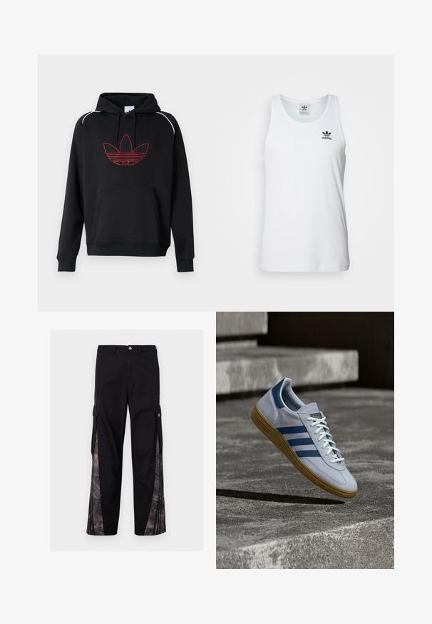 Sort hættetrøje med en forlommekanguru, der har et tre-bladet logo med rød omrids og hvide accentsømme på skuldrene.; Hvid ribbet tanktop med rund halsudskæring, sort Adidas-logo på venstre bryst og uden ærmer. Blødt bommateriale, afslappet pasform.; Sorte cargobukser med sidelommer og mønstrede stofpaneler langs ydersiden af benene, med knaplukning og bæltestropper.; Lyseblå Adidas Spezial sneakers med marineblå striber og gummisål, vist i luften over betontrapper i et neutralt udendørsmiljø.