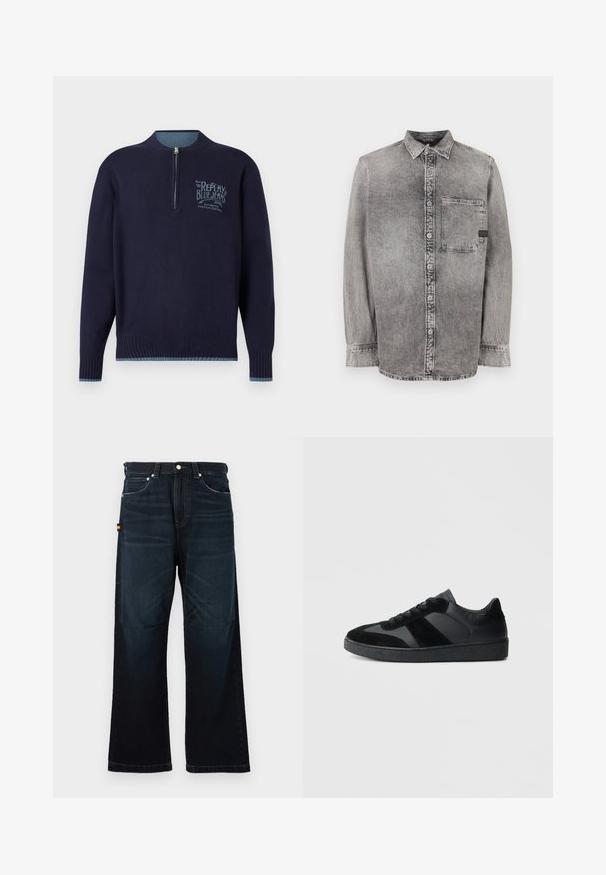 Marineblauwe langemouwen pullover met kwartrits, geribde manchetten en zoom, en een lichtblauw 'Replay Blue Jeans'-logo op de linkerborst.; Grijze denim knopsluiting overhemd, lange mouwen, stof van gemiddelde dikte, enkele borstzak, vervaagde afwerking met contrasterende knopen, klassieke kraag.; Donkerblauwe broek met rechte pijpen, klassieke vijf-pocket ontwerp, riemlussen en subtiele vervaging bij de voorkant en knieën.; Zwarte sneakers met een mix van glad leer en suède, een gestructureerde zwarte rubberen zool en subtiele streepdetails.
