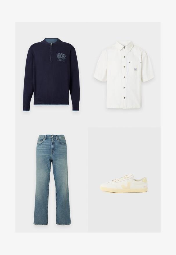 Marineblauwe langemouwen pullover met kwartrits, geribde manchetten en zoom, en een lichtblauw 'Replay Blue Jeans'-logo op de linkerborst.; Witte kortere mouwen overhemd met knopen en kraag, metalen knopen aan de voorkant, een borstzak met een klein Lee-merklabel.; Blauwe spijkerbroek met hoge taille, rechte pijpen, knoopsluiting aan de voorkant, riemlussen en ontwerp met vijf zakken.; Witte leren sneakers met een gele rubberen zool, voorzien van een minimalistisch ontwerp, een afgeronde neus en een logo-accent aan de zijkant en hiel.
