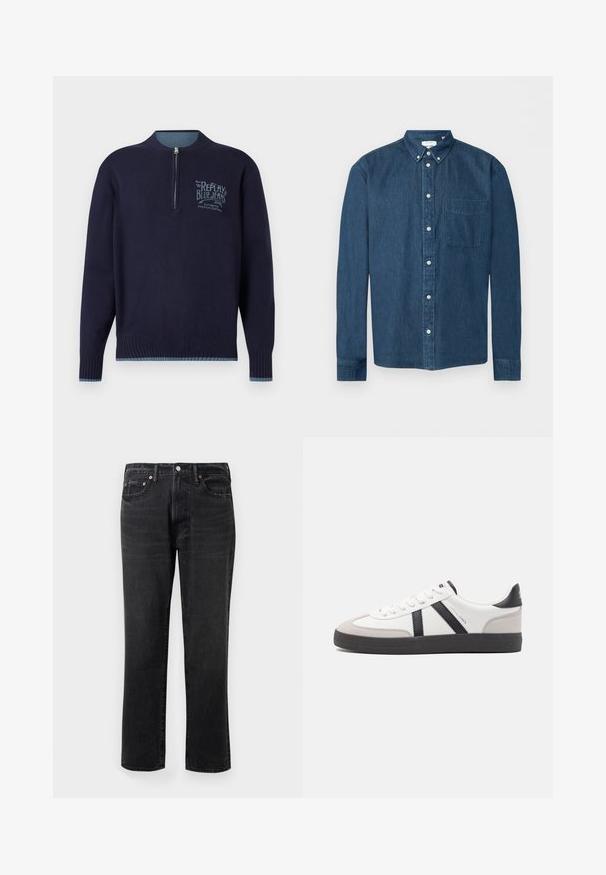 Marineblauwe langemouwen pullover met kwartrits, geribde manchetten en zoom, en een lichtblauw 'Replay Blue Jeans'-logo op de linkerborst.; Donkerblauw denim overhemd met knopen, lange mouwen, een voorzak aan de linkerkant en een button-down kraag, weergegeven op een witte achtergrond.; Zwarte denim jeans met een rechte pijp, voorzien van een knoop- en ritssluiting, vijf zakken en koperen hardwareaccenten.; Witte sneaker met zwarte en grijze accenten, voorzien van een grijze neus met textuur, zwarte rubberen zool en platte witte veters. Schoon ontwerp, minimalistische stijl.