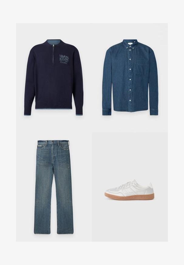 Marineblå langærmet sweater med kvart lynlås, ribbede manchetter og kant, samt lyseblå "Replay Blue Jeans" logo på venstre bryst.; Mørkeblå denimskjorte med knapper, lange ærmer, en forlommer til venstre og en knaplukket krave, vist på en hvid baggrund.; Blå denimjeans med en afslappet pasform, der har lige ben, slidte detaljer og klassisk design med fem lommer. Midt på livet.; Sølv sneakers med en glat overflade, snørebånd, perforerede detaljer og en struktureret brun gummi sål.