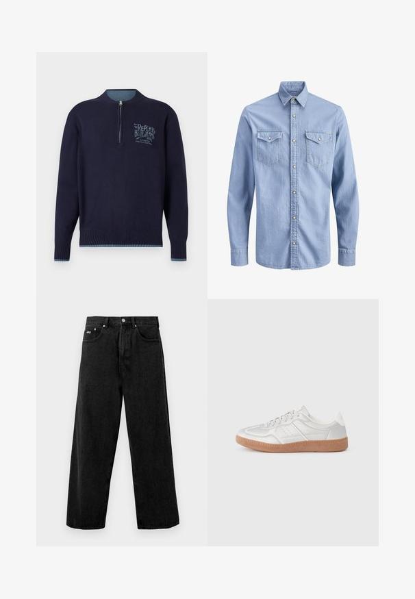 Marineblauwe langemouwen pullover met kwartrits, geribde manchetten en zoom, en een lichtblauw 'Replay Blue Jeans'-logo op de linkerborst.; Lichtblauw denim overhemd met lange mouwen, drukknopen, een puntige kraag en twee klepzakken op de borst met knoopsluitingen.; Zwarte wijde jeans gemaakt van denim, met een knoopsluiting en voorzakken. Subtiel merklogo op de tailleband. Matte textuur.; Zilveren sneakers met een gladde textuur, vetersluiting, geperforeerde accenten en een gestructureerde bruine rubberen zool.