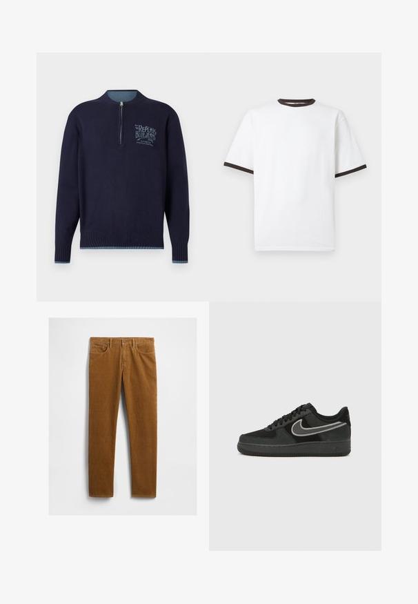 Marineblauwe langemouwen pullover met kwartrits, geribde manchetten en zoom, en een lichtblauw 'Replay Blue Jeans'-logo op de linkerborst.; Witte T-shirt met korte mouwen en zwarte bies op de kraag en mouwranden, getoond op een effen achtergrond.; Bruine corduroy broek met een rechte pijp, voorzien van vijf zakken en een metalen knoopsluiting aan de taille. Gestructureerde stof.; Nike Air Force 1 sneaker in zwart suède en leer, met een zilveren swoosh, ronde neus, vetersluiting en een geribbelde rubberen buitenzool.
