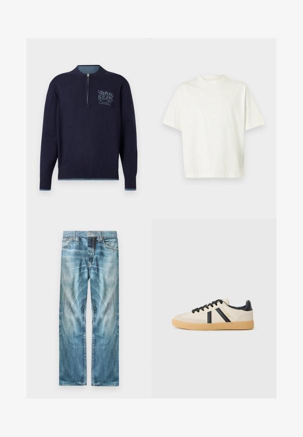 Marineblauwe langemouwen pullover met kwartrits, geribde manchetten en zoom, en een lichtblauw 'Replay Blue Jeans'-logo op de linkerborst.; T-shirt met korte mouwen, effen wit, losvallend model en een ronde hals, getoond op een lichtgrijze achtergrond.; Lichtblauwe verouderde spijkerbroek met rechte pijpen, voorzakken, riemlussen en een knoopsluiting.; Casual sneakers in crème met zwarte strepen, voorzien van een gestructureerde bovenkant en een gumrubberen zool. Veters zijn zwart. Subtiel logo aan de zijkant.