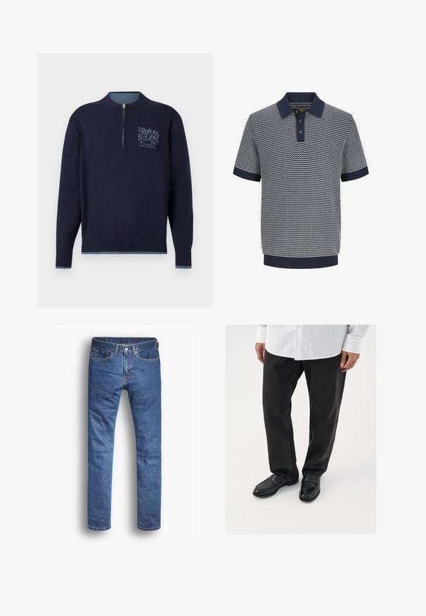 Marineblå langærmet sweater med kvart lynlås, ribbede manchetter og kant, samt lyseblå "Replay Blue Jeans" logo på venstre bryst.; Herre kortærmet navyblå og hvid strikket polo med bølgemønster, tre-knaps åbning, ribstrikket krave, ærmer og kant.; Denim jeans i en mellemblå vask med en lige pasform, der har fem lommer, en knap- og lynlåslukning og diskrete syninger.; Sorte denimbukser parret med skinnende sorte loafers. Skjorten er hvid med tynde lodrette striber, har lange ærmer og en knapkrave.