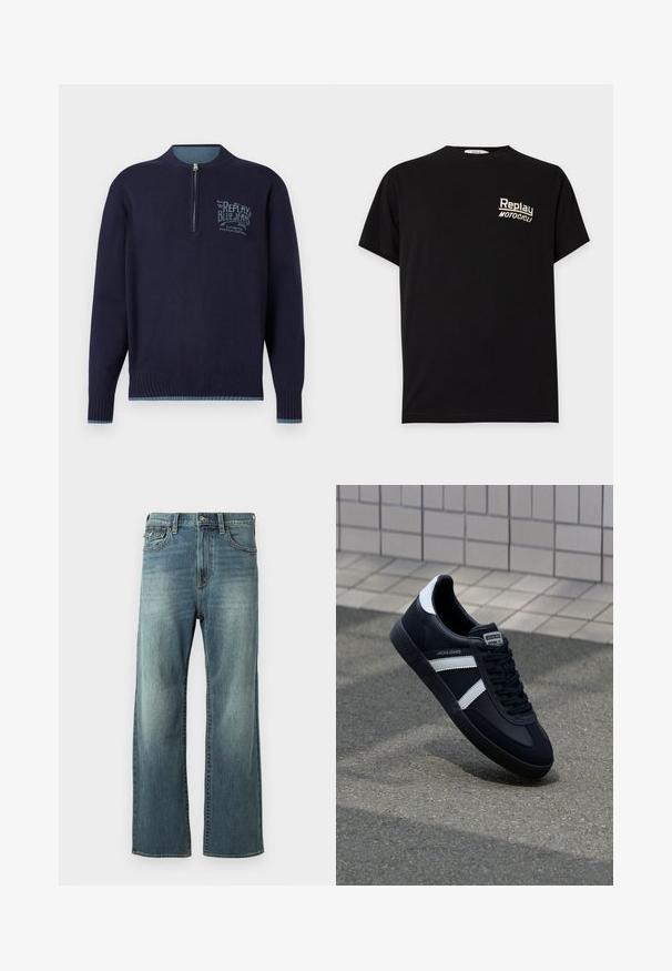 Pull-over à manches longues bleu marine avec fermeture éclair quart, bords-côtes aux poignets et à l'ourlet, et logo "Replay Blue Jeans" bleu clair sur la poitrine gauche.; T-shirt noir à manches courtes avec "Replay Motocicli" imprimé en blanc sur la poitrine gauche.; Jeans en denim bleu clair avec une coupe droite, un léger délavage, cinq poches et des passants de ceinture. Comprend des accents de couture et une fermeture à bouton.; Sneaker en cuir noir avec des rayures blanches, semelle en caoutchouc texturée et devant à lacets. Présente une étiquette de marque sur la languette.