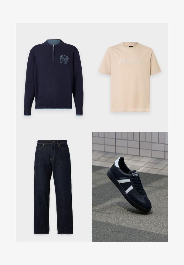 Marineblå langærmet sweater med kvart lynlås, ribbede manchetter og kant, samt lyseblå "Replay Blue Jeans" logo på venstre bryst.; Beige T-shirt med korte ærmer og rund hals med teksten "JACK & JONES PREMIUM EST. 1990" i hvidt, centreret på brystet.; Mørkeblå straight-leg denimjeans med knap og lynlås foran, bæltestropper, for- og baglommer samt kontrastsyning.; Sort lædersneaker med hvide striber, tekstureret gummisål og snørrebånd foran. Har et brandet mærke på tungen.