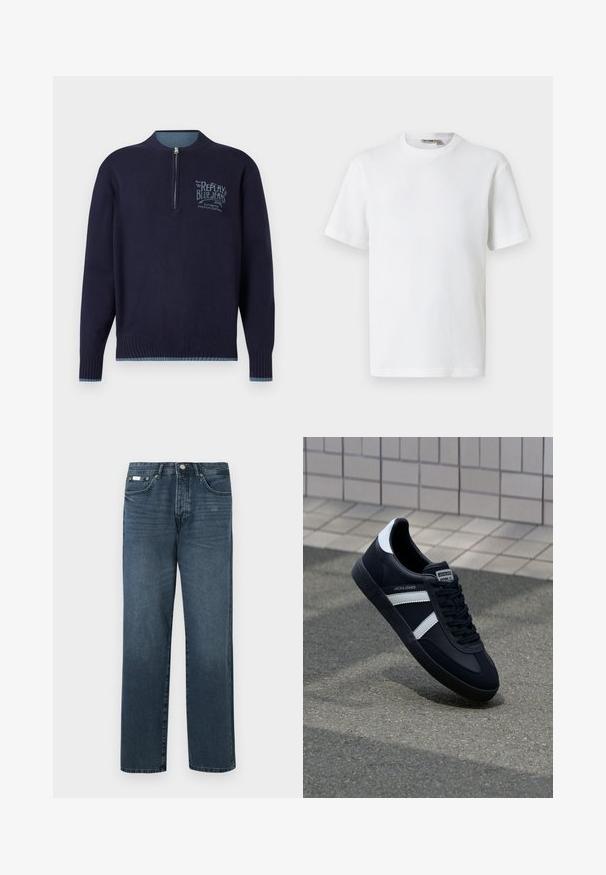 Tumesinise pika varrukaga pullover, millel on veerandist tõmba, soonikkoes mansetid ja äär, ning helesinine "Replay Blue Jeans" logo vasakul rinnal.; Valge lühikeste varrukatega vahvlilõngast ümarakaelusega t-särk, mille krae siseküljel on väike brändi sildike, esitatud ühevärvsel taustal.; Tumed sinine denim materjalist sirge lõikega teksad, viie taskuga, vöödega ja lukuga. Sile tekstuur koos kergete pleekimisdetailidega.; Must have musta sneaker musta valgete triipudega, tekstuurne kummitald ja nööridega esiosa. Omab bränditud märki keele peal.