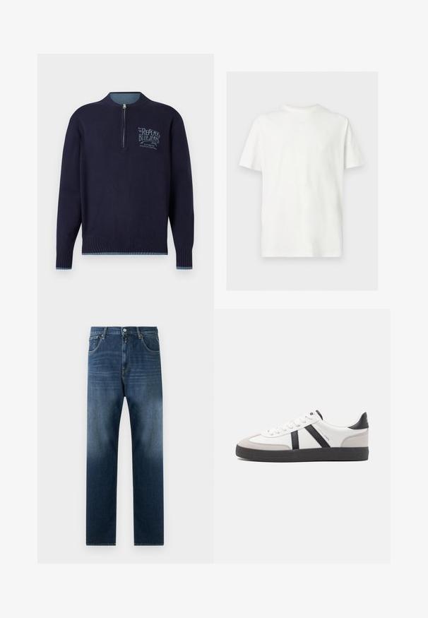 Sudadera de manga larga azul marino con cremallera de cuarto, puños y dobladillo acanalados, y logotipo azul claro "Replay Blue Jeans" en el lado izquierdo del pecho.; Camiseta blanca de manga corta con cuello redondo y ajuste relajado sobre un fondo claro y liso.; Jeans de mezclilla azul oscuro con diseño de pierna recta. Incluye bolsillos frontales, cremallera y un leve desteñido hacia el dobladillo.; Zapatilla blanca con acentos en negro y gris, que presenta una puntera texturizada en gris, suela de goma negra y cordones planos blancos. Diseño limpio, estilo minimalista.