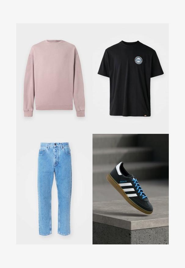 Lichtroze sweatshirt met een klassieke ronde hals, ribgebreide manchetten en zoom. Gemaakt van zachte, gestructureerde stof. Eenvoudig ontwerp zonder patronen.; Zwarte katoenen t-shirt met een rond logo op de borst. Korte mouwen en een ronde halsontwerp met een rechte snit aan de onderkant.; Lichtblauwe denim jeans hebben een rechte pijpdesign, vijf zakken en een klassiek knoopsluiting bij de taille.; Zwarte Adidas-sneaker met witte strepen, blauwe veters en een gumzool die boven een grijze betonnen trede zweeft in zacht licht.
