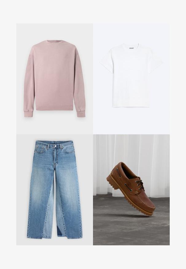 Lichtroze sweatshirt met een klassieke ronde hals, ribgebreide manchetten en zoom. Gemaakt van zachte, gestructureerde stof. Eenvoudig ontwerp zonder patronen.; Effen wit T-shirt met korte mouwen en een ronde hals met een "WEEKDAY" label aan de binnenkant van de achterkraag, getoond op een lichte achtergrond.; Blauwe spijkerbroek met rechte pijpen, klassiek ontwerp met vijf zakken en een knoopsluiting aan de voorkant, plat weergegeven op een neutrale achtergrond.; Bruine leren bootschoen met zwarte veters, beige stiksel en een robuuste zool, zwevend boven een grijze betonnen vloer.
