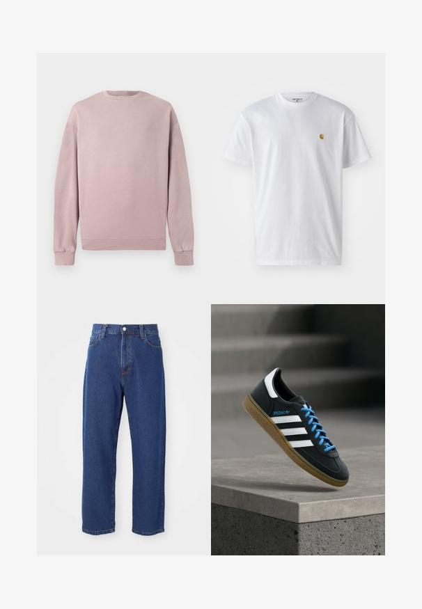 Lichtroze sweatshirt met een klassieke ronde hals, ribgebreide manchetten en zoom. Gemaakt van zachte, gestructureerde stof. Eenvoudig ontwerp zonder patronen.; Witte katoenen t-shirt met korte mouwen en ronde hals, voorzien van een klein gouden logo op de linkerkant van de borst. Zachte textuur en een normale pasvorm.; Hoge taille blauwe jeans van denim, met een rechte pijp silhouet, zichtbare stiksels en een sluiting met een voorknoop.; Zwarte Adidas-sneaker met witte strepen, blauwe veters en een gumzool die boven een grijze betonnen trede zweeft in zacht licht.