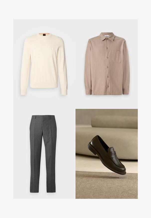 Pull crème avec un col rond, des manches longues et un petit logo carré sur la poitrine. Fabriqué en tissu doux et de qualité supérieure.; Chemise beige à boutons avec une texture rayée, dotée d'un col, de manches longues et d'une poche poitrine. Fabriquée en tissu doux.; Pantalons formels pour hommes gris foncé, sur mesure, avec passants de ceinture et pli avant, présentés à plat sur un fond blanc.; Un seul mocassin en cuir brun foncé flottant au-dessus d’un tapis texturé beige, avec un canapé beige flou en arrière-plan.
