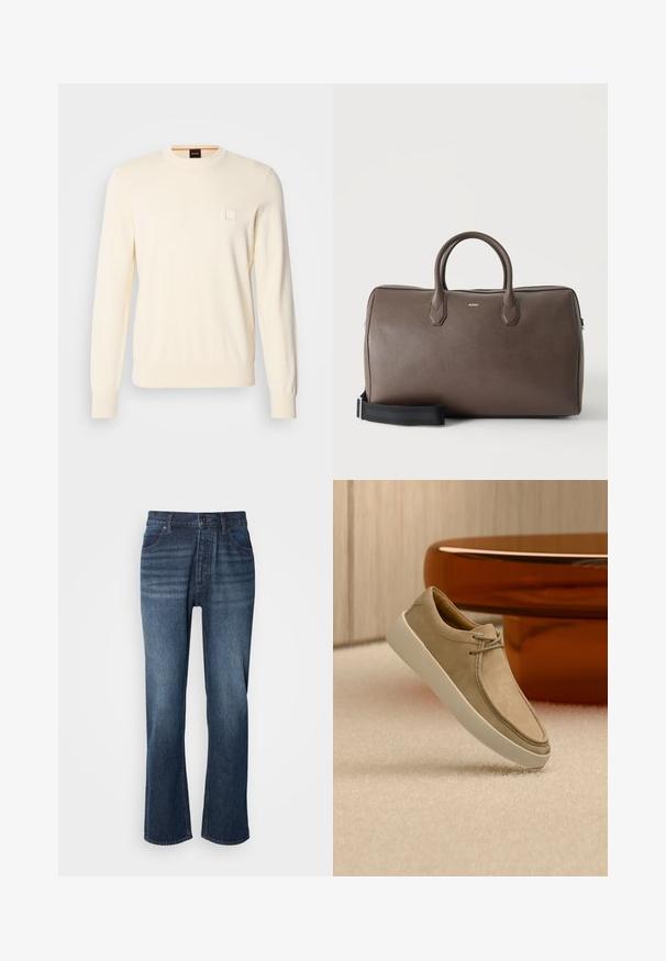 Pull crème avec un col rond, des manches longues et un petit logo carré sur la poitrine. Fabriqué en tissu doux et de qualité supérieure.; Jean en denim avec une coupe droite, lavage moyen, style à cinq poches et fermeture à bouton. Le tissu a une texture lisse avec un léger délavage.; Baskets en daim beige avec semelle épaisse blanche et lacets, positionnées sur un tapis beige texturé avec une table ronde brune brillante en arrière-plan.; Sac de sport en cuir marron avec deux poignées, une bandoulière noire réglable et un petit logo "BOSS" au centre à l'avant.