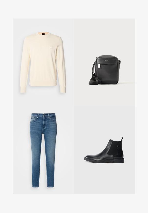 Crème-kleurige trui met een ronde hals, lange mouwen en een klein vierkant logo op de borst. Gemaakt van zachte, premium stof.; Lichtblauwe denim jeans met een rechte pasvorm, traditionele vijf-pocket stijl, metalen knoopsluiting en subtiele vervaging aan de voorkant.; Zwarte leren Chelsea-boots met elastische zijpanelen, een treklipje en een vlakke rubberen zool. Gladde textuur met minimale details.; Zwarte getextureerde leren crossbodytas met voorvak en verstelbare schouderriem, getoond op een effen lichte achtergrond.