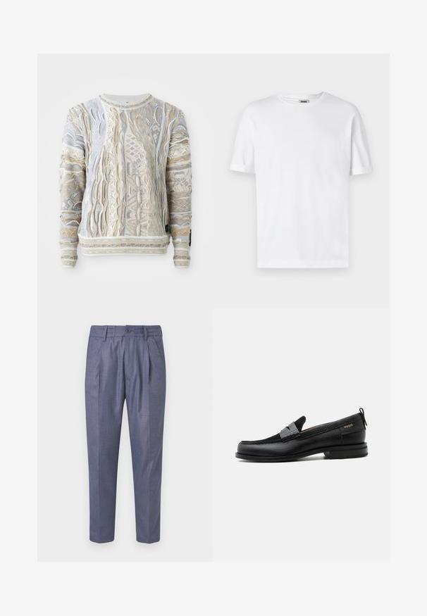 Sweater med komplekse strikkede mønstre i beige, hvid og lyseblå. Struktureret finish med ribbede manchetter og kant, design med rund hals.; Hvid bomulds T-shirt med rund hals, korte ærmer og oprevet manchetter; enkel design, blød tekstur og lige snit.; Blå vævede bukser med skræddersyet pasform, der har frontfolder, knaplukning og en glat tekstur. Kropslængde med lige ben.; Sort læderloafer med grå remdetalje, lav hæl og tekstureret sål, mærket med "HUGO" i guld på siden.