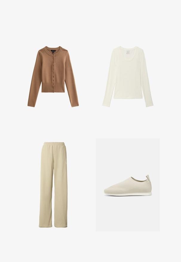 Cárdigan cortado de manga larga en un color marrón claro con un cuello redondo y siete botones en el frente. Detalle de dobladillo acanalado.; Camiseta blanca de manga larga con cuello redondo y textura acanalada, con una etiqueta de Calvin Klein en el interior del cuello, mostrada sobre un fondo blanco liso.; Pantalones anchos de pierna ancha beige con costillas, cinturilla elástica y un pequeño logo blanco sutil en el muslo superior.; Zapato slip-on de punto beige con perfil bajo, parte superior texturizada y suela flexible. Presenta un diseño trenzado alrededor del tobillo para mayor comodidad.