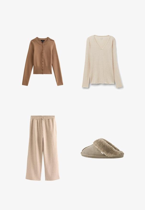 Cárdigan cortado de manga larga en un color marrón claro con un cuello redondo y siete botones en el frente. Detalle de dobladillo acanalado.; Camiseta de manga larga con escote en V en tejido beige claro con una textura suave. Corte relajado con dobladillo recto y diseño minimalista.; Pantalones beige de pierna ancha con cintura elástica y cordón, hechos de una tela suave y moteada.; Zapatilla beige sin talón con forro interior de suave piel sintética alrededor de la abertura y suela exterior con apariencia de ante.