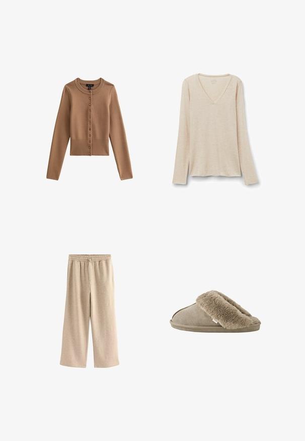 Cárdigan cortado de manga larga en un color marrón claro con un cuello redondo y siete botones en el frente. Detalle de dobladillo acanalado.; Camiseta de manga larga con escote en V en tejido beige claro con una textura suave. Corte relajado con dobladillo recto y diseño minimalista.; Pantalones de pierna ancha color crema, hechos de una suave mezcla de algodón. Presentan una cintura elástica con cordón y una sutil textura moteada.; Zapatilla beige sin talón con forro interior de suave piel sintética alrededor de la abertura y suela exterior con apariencia de ante.