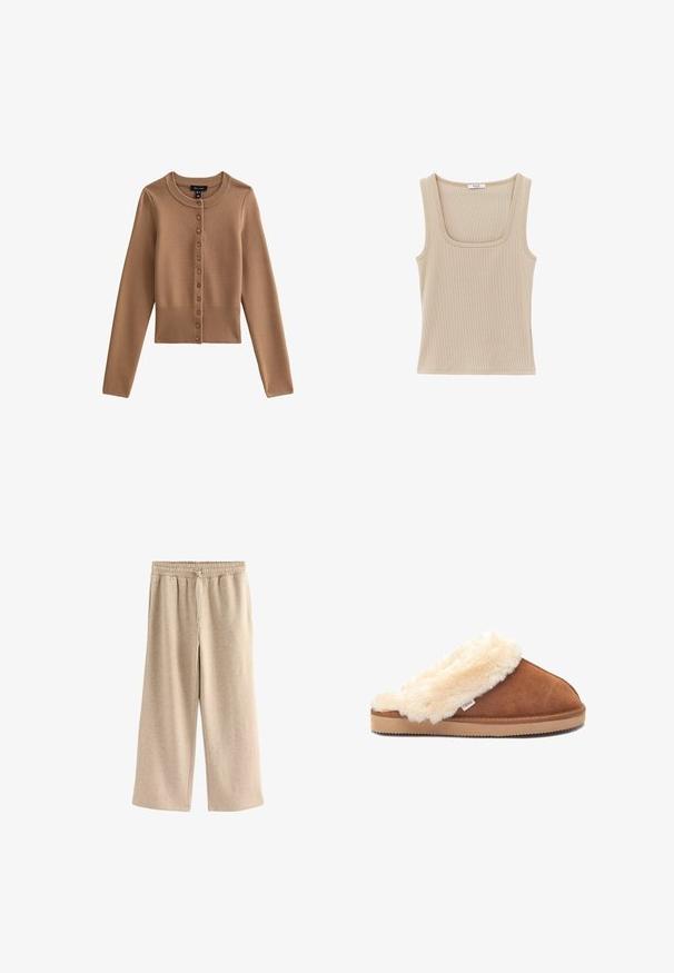 Cárdigan cortado de manga larga en un color marrón claro con un cuello redondo y siete botones en el frente. Detalle de dobladillo acanalado.; Camiseta sin mangas beige con canalé, escote cuadrado, estilo ajustado y etiqueta de la marca OXXO en el cuello.; Pantalones de pierna ancha color crema, hechos de una suave mezcla de algodón. Presentan una cintura elástica con cordón y una sutil textura moteada.; Zapatilla de ante marrón con un suave cuello de piel de crema y suela de goma clara, con una pequeña etiqueta de marca en el costado.