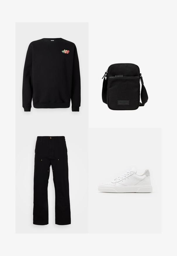 Sweatshirt noir en tissu doux, avec un col rond, des poignets côtelés et un petit motif brodé coloré sur la poitrine.; Pantalons en denim noir avec une coupe droite, présentant des accents en métal doré et des coutures visibles sur les poches avant et arrière.; Des baskets en cuir blanc avec une finition lisse, un bout rond, des lacets plats et une semelle texturée. Accents en daim gris au niveau du talon.; Sac bandoulière en tissu noir avec un compartiment principal zippé, des accents en cuir, une poche avant et une sangle réglable. Logo Marc O'Polo visible.