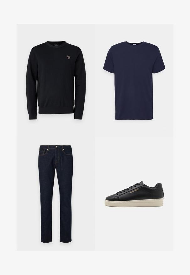 PS Paul Smith CREW NECK - Neule - black; T-paita tummansinisestä pehmeästä kankaasta, lyhythihainen. Ominaisuuksiin kuuluu pyöreä kaula-aukko ja suora leikkaus ilman kuvioita tai yksityiskohtia.; Tummansiniset farkut suoranlahkeisella muotoilulla, jossa on kontrastiväriset tikkaus, viisi taskua ja napitus vyötäröllä.; Musta nahkakengät, joissa on sileä pinta, kontrastoiva kerma värinen pohja, pyöreä kärki, kultainen logo sivussa ja kuusi reikää nauhoille.