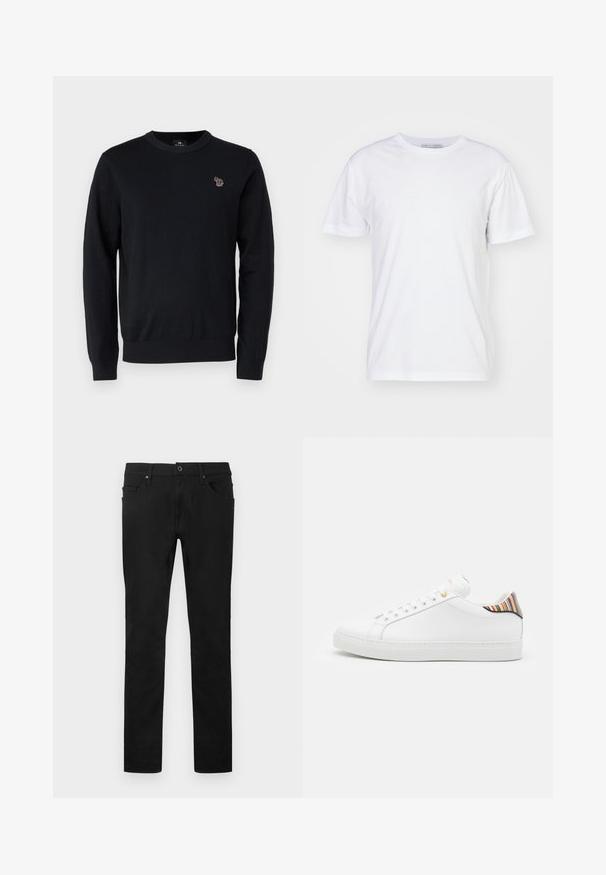PS Paul Smith CREW NECK - Trui - black; Witte katoenen T-shirt met een ronde hals, korte mouwen en een rechte snit. Geen patronen of versieringen, gladde textuur en eenvoudig ontwerp.; Zwarte rechte broek met knopen en rits aan de voorkant, riemlussen en een ontwerp met vijf zakken op een witte achtergrond.; Witte leren sneaker met een gladde afwerking, voorzien van een kleurrijke gestreepte accent op de hiel, gouden oogjes en een vlakke witte zool.