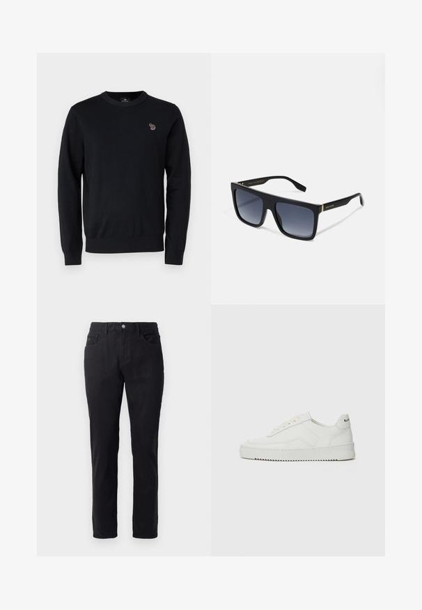 PS Paul Smith CREW NECK - Jersey de punto - black; Pantalones de algodón negros con un diseño de pierna recta, que cuentan con un cierre de botón, dos bolsillos frontales y una textura suave.; Zapatilla de cuero blanca con un acabado suave, puntera redonda, cordones planos y suela texturizada. Cuenta con un sutil logo en el talón.; MARC JACOBS Gafas de sol - black