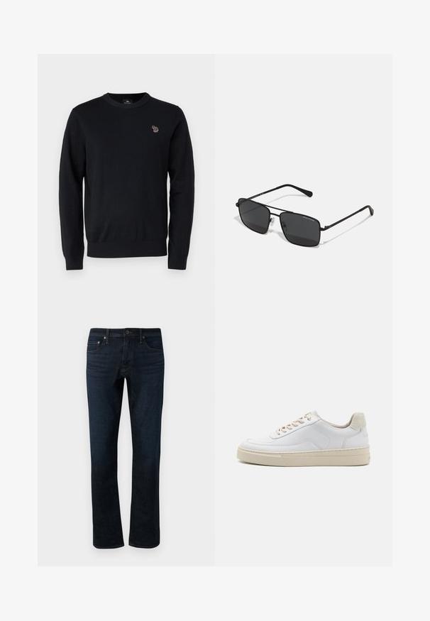 PS Paul Smith CREW NECK - Trui - black; Donkerblauwe denimjeans met een rechte pijp, voorzien van een klassieke vijfzakkenontwerp en subtiele stiksels.; Witte sneaker met een gevoerd leren bovenwerk, beige veters en een gestructureerde beige suede hieltab. Verhoogde zool voor extra hoogte.; Zwarte rechthoekige zonnebril met donkere lenzen, slank metalen montuur en subtiele neuskussentjes. De armen zijn recht en hebben tekstdetails.