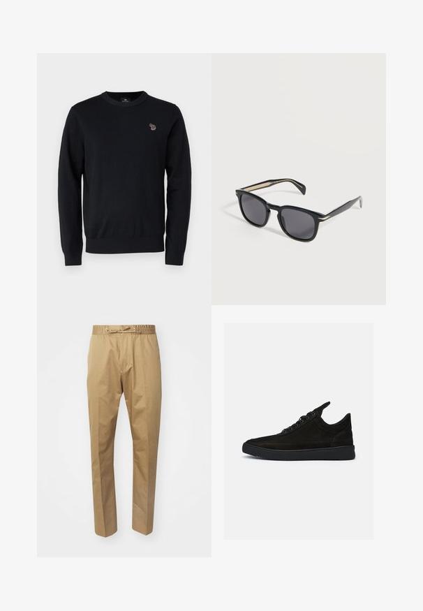 PS Paul Smith CREW NECK - Strickpullover - black; Beige Hose mit elastischem Taillengummi und verstellbarem Kordelzug. Glatte Textur, gerade Beine und minimalistisches Design.; Schwarze Wildledersneaker mit niedrigem Profil, runder Spitze und strukturiertem Gummisole. Verfügt über fünf Ösen und eine hintere Zuglasche.; Schwarze Sonnenbrille mit quadratischem Rahmen und dunklen Gläsern, offen auf einer weißen Oberfläche liegend, leicht im Winkel gesehen, wodurch Vorder- und Seitenansicht sichtbar sind.