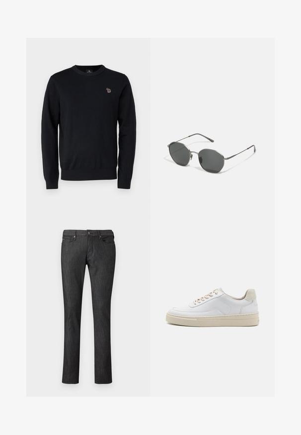 PS Paul Smith CREW NECK - Jersey de punto - black; Vaqueros de mezclilla oscura con un diseño de pierna recta, que cuentan con bolsillos delanteros, cierre con botón metálico y detalles de costura sutiles.; Zapatilla blanca con parte superior de cuero suave, cordones beige y un tirador de talón de ante beige texturizado. Suela elevada para mayor altura.; Gafas de sol metálicas con lentes gris oscuro, forma de lente octagonal, montura metálica delgada y patillas esbeltas. Diseño minimalista sin logotipos visibles.